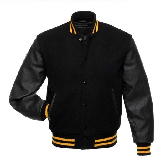Black and Gold Striped Letterman Jacket with Black Leather Sleeves ...
