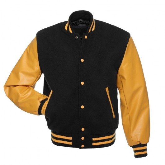 Black Letterman Jacket with Gold Vinyl Sleeves Graduation SuperStore