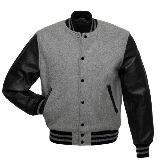 Grey Letterman Jacket with Black Leather Sleeves Graduation SuperStore