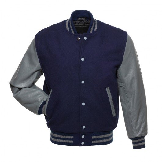 Navy Blue Letterman Jacket with Grey Leather Sleeves - Graduation ...