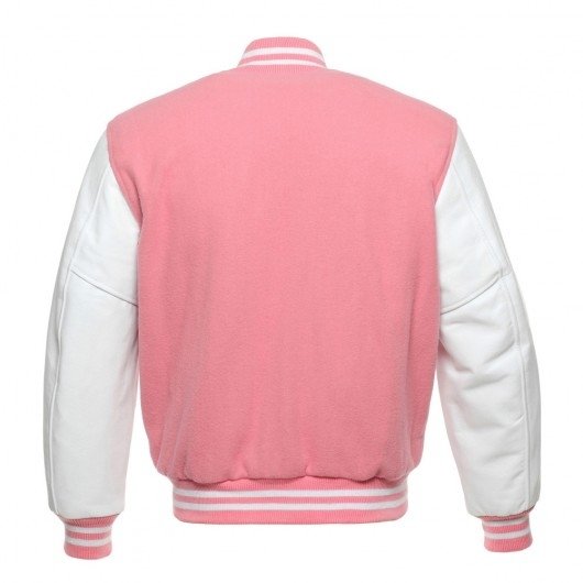 Pink Letterman Jacket with White Leather Sleeves - Graduation SuperStore