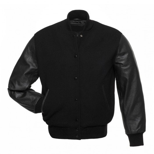Solid Black Letterman Jacket with Leather Sleeves - Graduation SuperStore