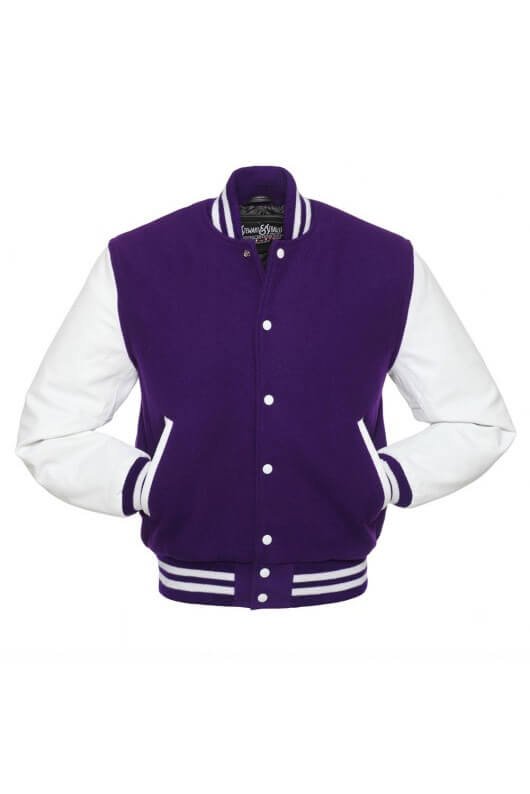 Purple Letterman Jacket with White Leather Sleeves