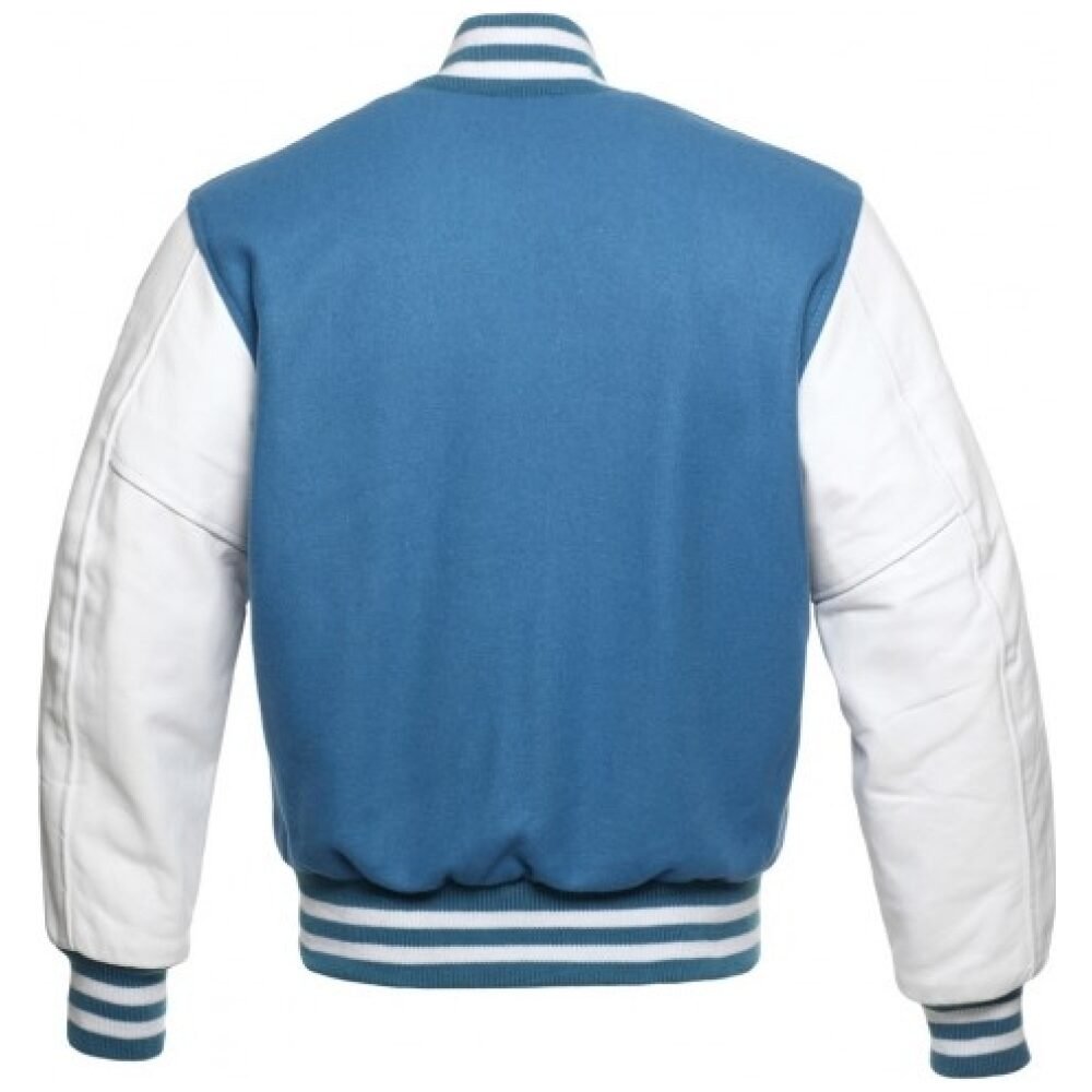 Sky Blue Letterman Jacket with White Leather Sleeves