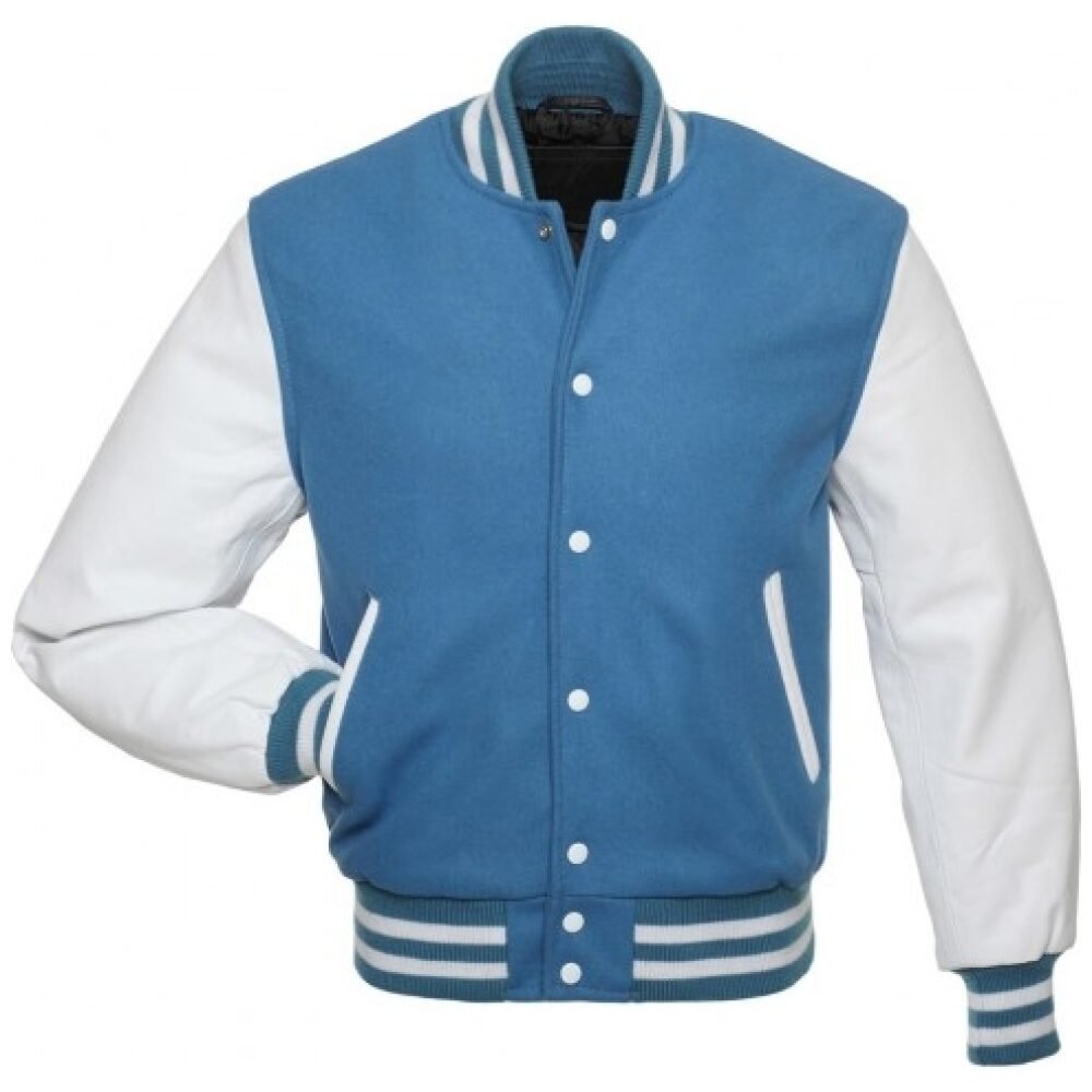 Sky Blue Letterman Jacket with White Leather Sleeves Graduation SuperStore