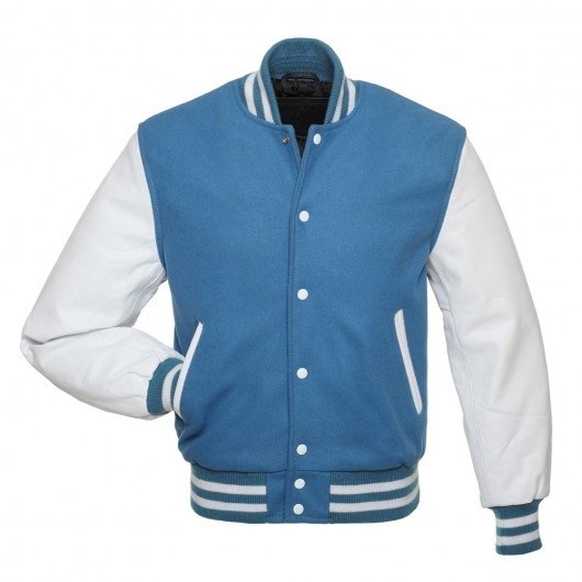 Sky Blue Letterman Jacket with White Leather Sleeves - Graduation ...