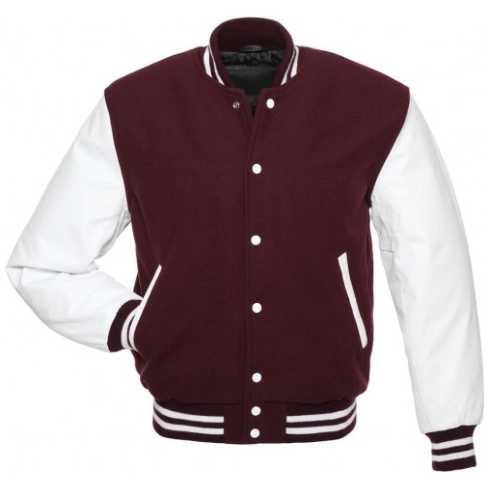 Maroon Letterman Jacket with White Leather Sleeves - Graduation SuperStore