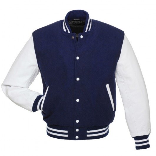 Navy Blue Letterman Jacket with White Leather Sleeves - Graduation ...