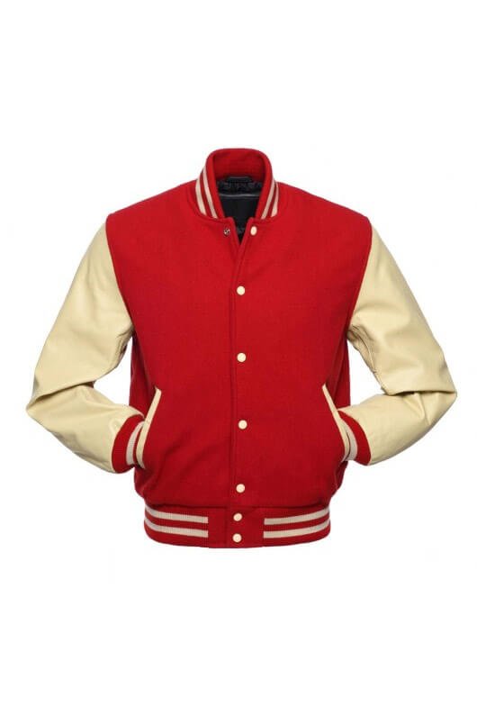 Red Letterman Jacket with Natural Leather Sleeves
