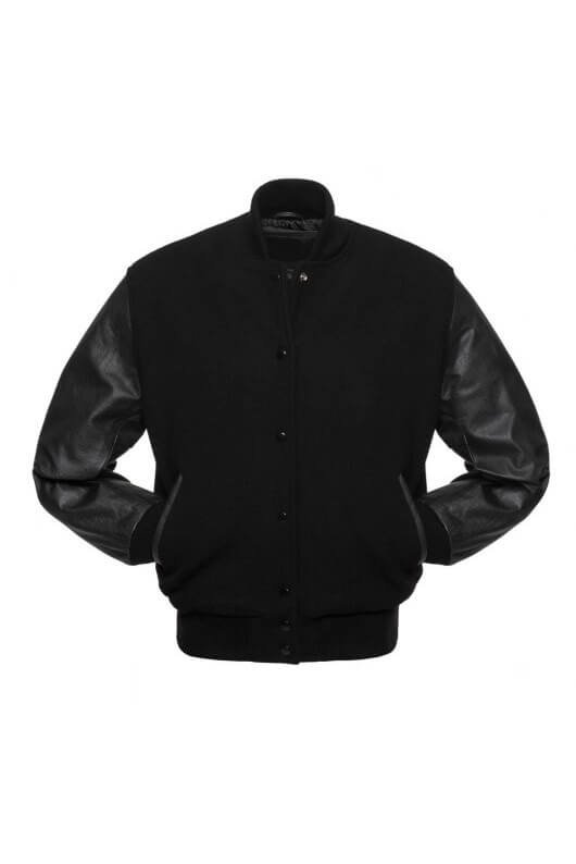Solid Black Letterman Jacket with Leather Sleeves - Graduation SuperStore